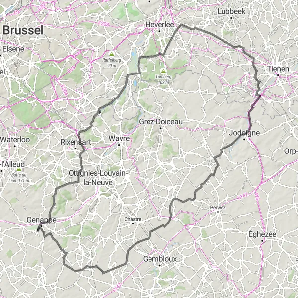 Miniature de la carte de l'inspiration cycliste "Circuit routier à travers la nature autour de Loupoigne" dans la Prov. Brabant Wallon, Belgium. Générée par le planificateur d'itinéraire cycliste Tarmacs.app