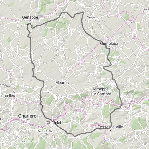 Map miniature of "Challenging Adventure" cycling inspiration in Prov. Brabant Wallon, Belgium. Generated by Tarmacs.app cycling route planner