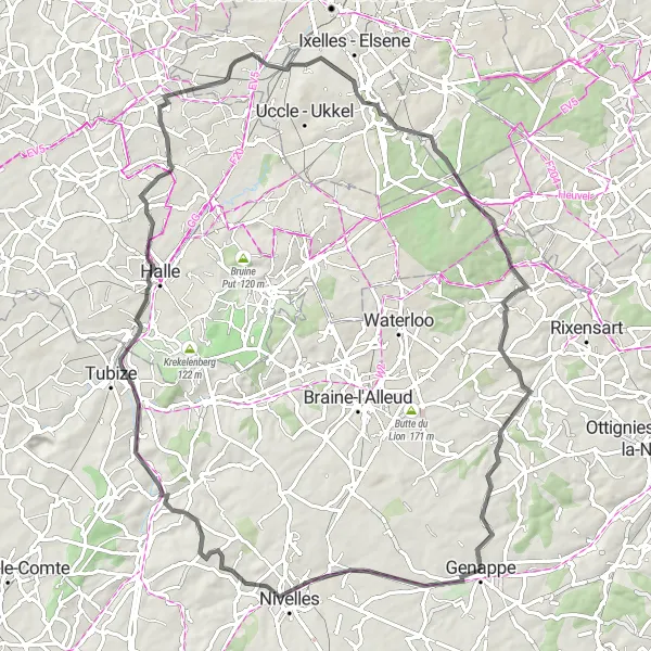 Map miniature of "A Taste of Brabant Wallon" cycling inspiration in Prov. Brabant Wallon, Belgium. Generated by Tarmacs.app cycling route planner