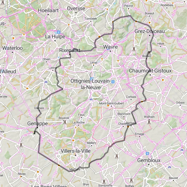 Karten-Miniaturansicht der Radinspiration "Road Rundfahrt ab Loupoigne" in Prov. Brabant Wallon, Belgium. Erstellt vom Tarmacs.app-Routenplaner für Radtouren