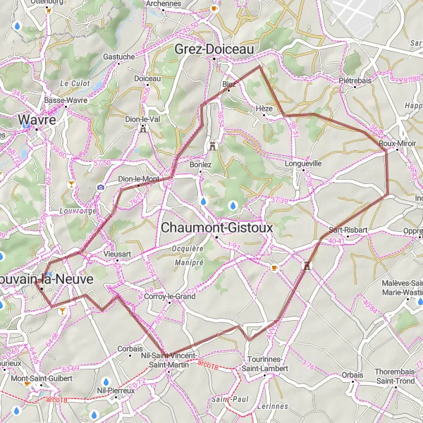 Miniature de la carte de l'inspiration cycliste "Parcours gravé autour de Louvain-la-Neuve" dans la Prov. Brabant Wallon, Belgium. Générée par le planificateur d'itinéraire cycliste Tarmacs.app