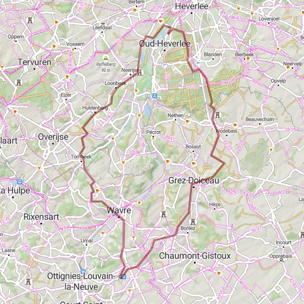 Map miniature of "Wavre and Grez-Doiceau Gravel Loop" cycling inspiration in Prov. Brabant Wallon, Belgium. Generated by Tarmacs.app cycling route planner