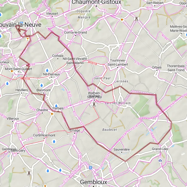 Miniatuurkaart van de fietsinspiratie "Gravelroute van Louvain-la-Neuve naar Chastre" in Prov. Brabant Wallon, Belgium. Gemaakt door de Tarmacs.app fietsrouteplanner