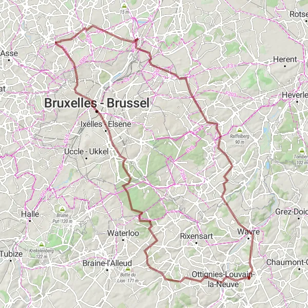 Map miniature of "Château d'Argenteuil and Vilvoorde Gravel Adventure" cycling inspiration in Prov. Brabant Wallon, Belgium. Generated by Tarmacs.app cycling route planner