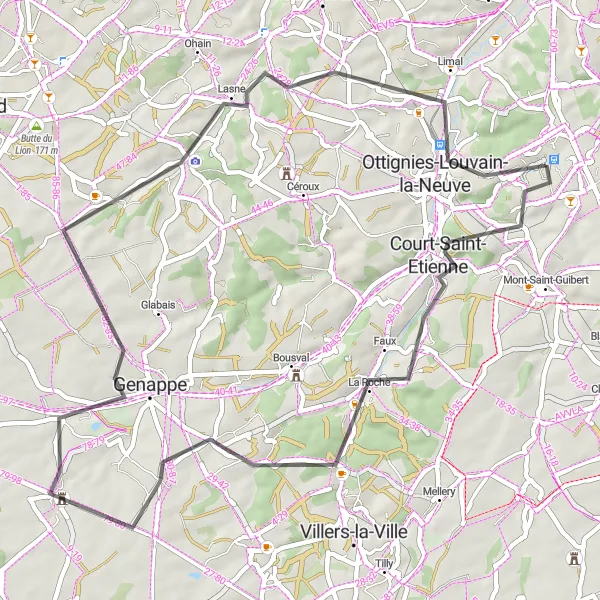 Map miniature of "Baisy-Thy and Plancenoit Road Loop" cycling inspiration in Prov. Brabant Wallon, Belgium. Generated by Tarmacs.app cycling route planner