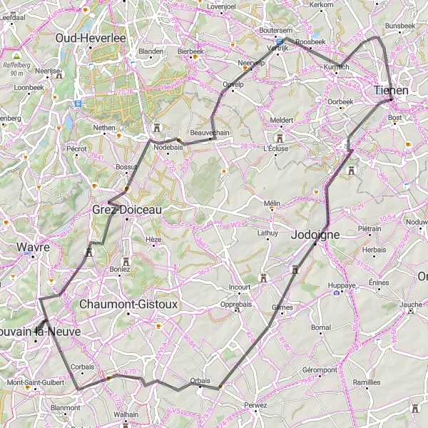 Miniatuurkaart van de fietsinspiratie "Tocht door Grez-Doiceau en Jodoigne" in Prov. Brabant Wallon, Belgium. Gemaakt door de Tarmacs.app fietsrouteplanner