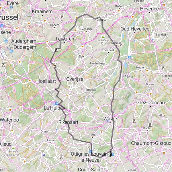 Map miniature of "Road to Wavre and Rixensart" cycling inspiration in Prov. Brabant Wallon, Belgium. Generated by Tarmacs.app cycling route planner