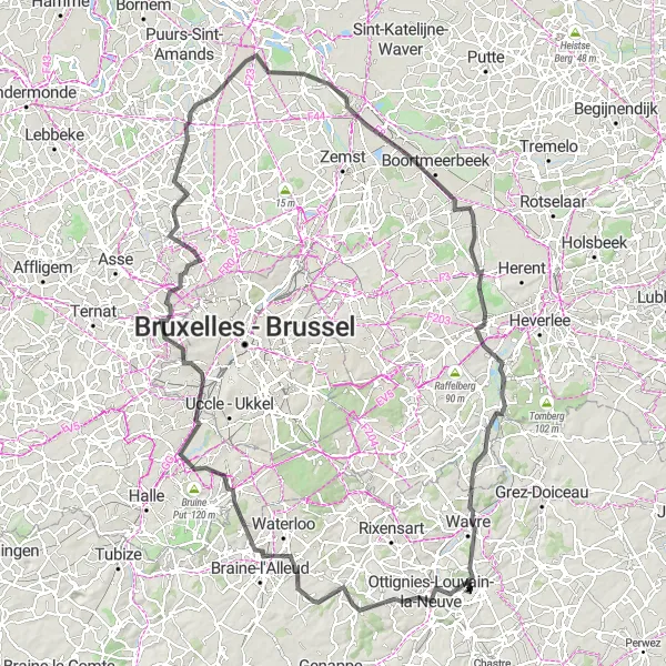 Map miniature of "Brabant Wallon Discovery" cycling inspiration in Prov. Brabant Wallon, Belgium. Generated by Tarmacs.app cycling route planner