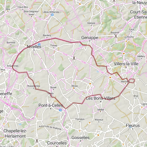 Map miniature of "Marbais - Luttre - Nivelles - Sart-Dames-Avelines - Marbais" cycling inspiration in Prov. Brabant Wallon, Belgium. Generated by Tarmacs.app cycling route planner