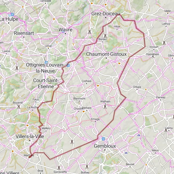 Map miniature of "Mellery Adventure Ride" cycling inspiration in Prov. Brabant Wallon, Belgium. Generated by Tarmacs.app cycling route planner