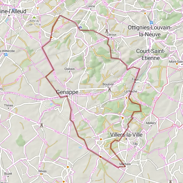 Miniatuurkaart van de fietsinspiratie "Gravelroute Marbais - Villers-la-Ville" in Prov. Brabant Wallon, Belgium. Gemaakt door de Tarmacs.app fietsrouteplanner