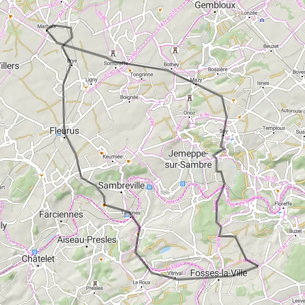 Miniatuurkaart van de fietsinspiratie "Wegroute Sombreffe naar Brye" in Prov. Brabant Wallon, Belgium. Gemaakt door de Tarmacs.app fietsrouteplanner