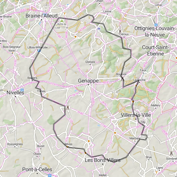 Map miniature of "Marbais - Frasnes-lez-Gosselies - Lillois-Witterzée - Battle of Waterloo - Bousval - Villers-la-Ville" cycling inspiration in Prov. Brabant Wallon, Belgium. Generated by Tarmacs.app cycling route planner