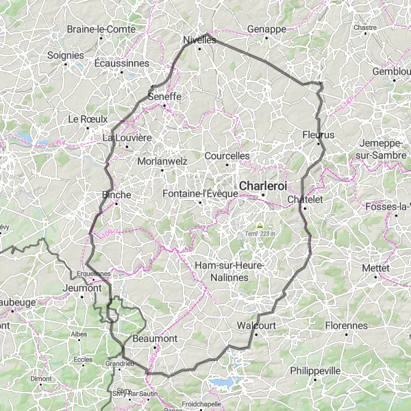 Map miniature of "Marbais Road Challenge" cycling inspiration in Prov. Brabant Wallon, Belgium. Generated by Tarmacs.app cycling route planner