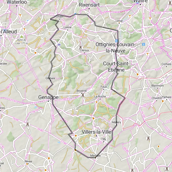 Map miniature of "Marbais - Genappe - Maransart - Ottignies-Louvain-la-Neuve - Mellery - Marbais" cycling inspiration in Prov. Brabant Wallon, Belgium. Generated by Tarmacs.app cycling route planner