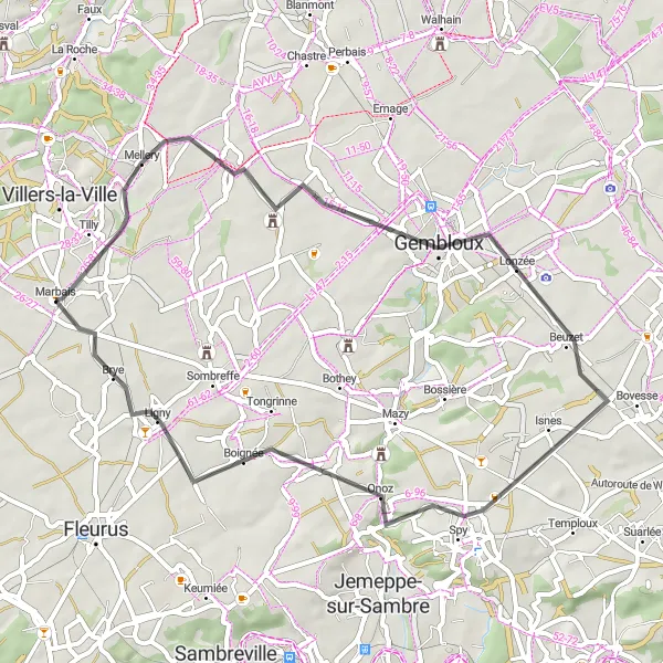 Miniatuurkaart van de fietsinspiratie "Wegroute Gentinnes naar Marbais" in Prov. Brabant Wallon, Belgium. Gemaakt door de Tarmacs.app fietsrouteplanner