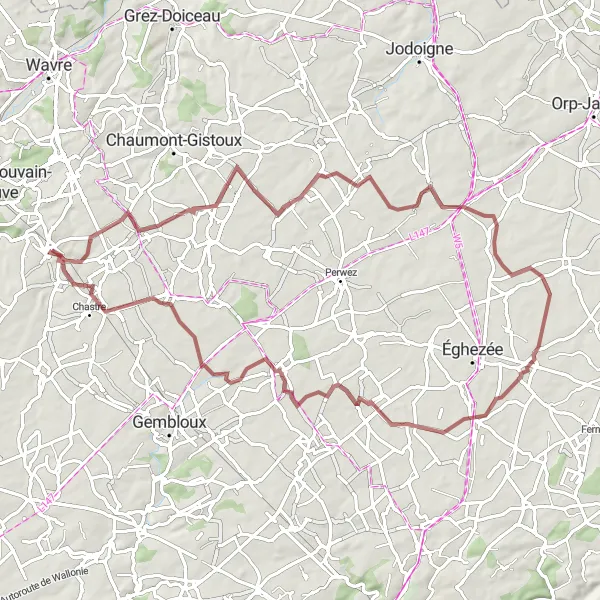 Karten-Miniaturansicht der Radinspiration "Chapelle du Dieu Aimant und Sauvenière Tour" in Prov. Brabant Wallon, Belgium. Erstellt vom Tarmacs.app-Routenplaner für Radtouren