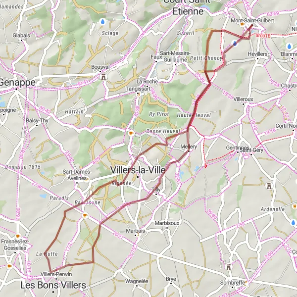 Map miniature of "Gravel Adventure near Mont-Saint-Guibert" cycling inspiration in Prov. Brabant Wallon, Belgium. Generated by Tarmacs.app cycling route planner