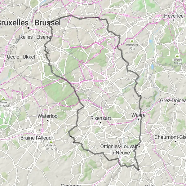 Map miniature of "Les Ardennes Brabançonnes" cycling inspiration in Prov. Brabant Wallon, Belgium. Generated by Tarmacs.app cycling route planner