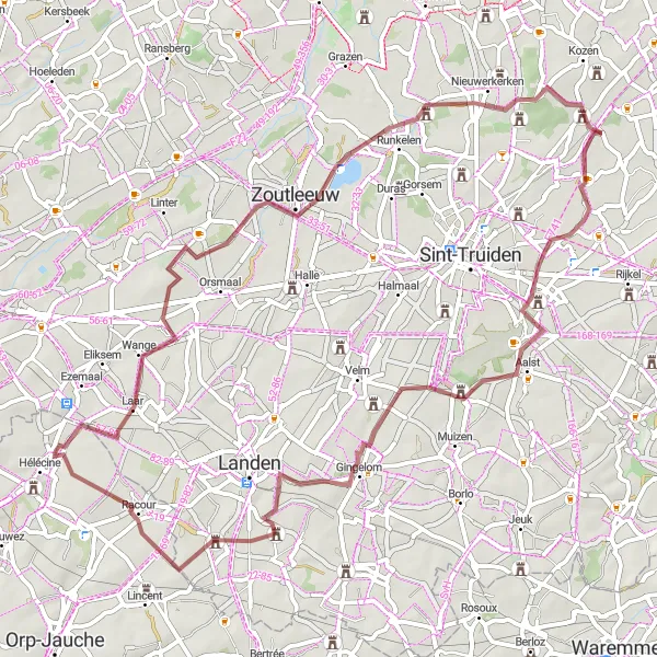 Miniature de la carte de l'inspiration cycliste "Les Chemins de Terres de Hesbaye" dans la Prov. Brabant Wallon, Belgium. Générée par le planificateur d'itinéraire cycliste Tarmacs.app