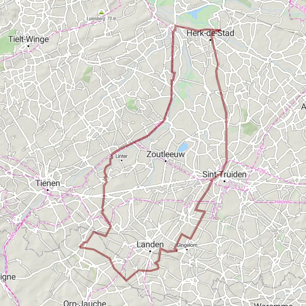 Miniature de la carte de l'inspiration cycliste "La Route des Châteaux et Paysages" dans la Prov. Brabant Wallon, Belgium. Générée par le planificateur d'itinéraire cycliste Tarmacs.app