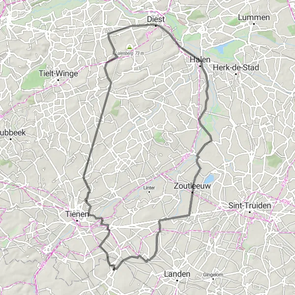 Miniatuurkaart van de fietsinspiratie "Schilderachtige route van Hakendover tot Laar" in Prov. Brabant Wallon, Belgium. Gemaakt door de Tarmacs.app fietsrouteplanner