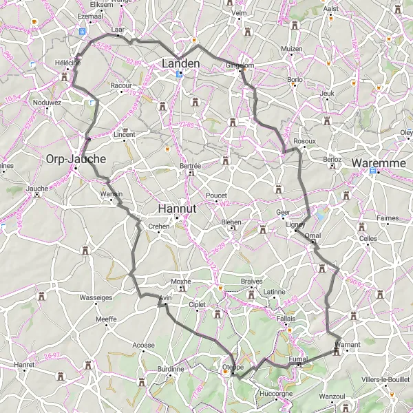 Miniature de la carte de l'inspiration cycliste "Le Circuit des Vallées et Châteaux" dans la Prov. Brabant Wallon, Belgium. Générée par le planificateur d'itinéraire cycliste Tarmacs.app