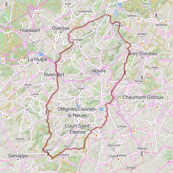 Map miniature of "Nethen - Archennes - Ferme de Villers - Bousval - Château-ferme de Moriensart - Château de Rixensart - Sint-Agatha-Rode - Nethen" cycling inspiration in Prov. Brabant Wallon, Belgium. Generated by Tarmacs.app cycling route planner