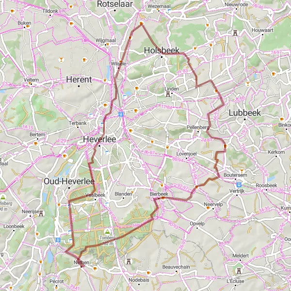 Map miniature of "Nethen to Heverlee gravel adventure" cycling inspiration in Prov. Brabant Wallon, Belgium. Generated by Tarmacs.app cycling route planner