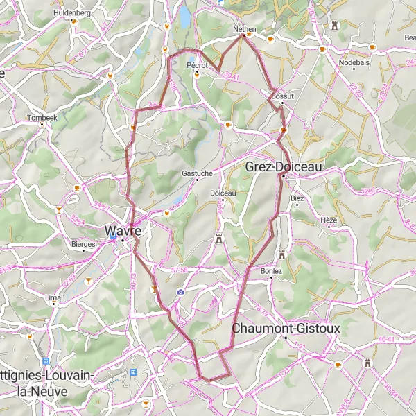 Map miniature of "Nethen - Grez-Doiceau - Wavre - Pécrot - Nethen" cycling inspiration in Prov. Brabant Wallon, Belgium. Generated by Tarmacs.app cycling route planner