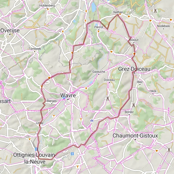 Karten-Miniaturansicht der Radinspiration "Graveltour von Nethen nach Pécrot und zurück" in Prov. Brabant Wallon, Belgium. Erstellt vom Tarmacs.app-Routenplaner für Radtouren