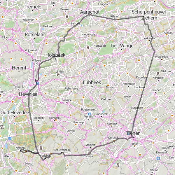 Miniatuurkaart van de fietsinspiratie "Wegfietsroute Nethen - ontdek de Heverleebos" in Prov. Brabant Wallon, Belgium. Gemaakt door de Tarmacs.app fietsrouteplanner