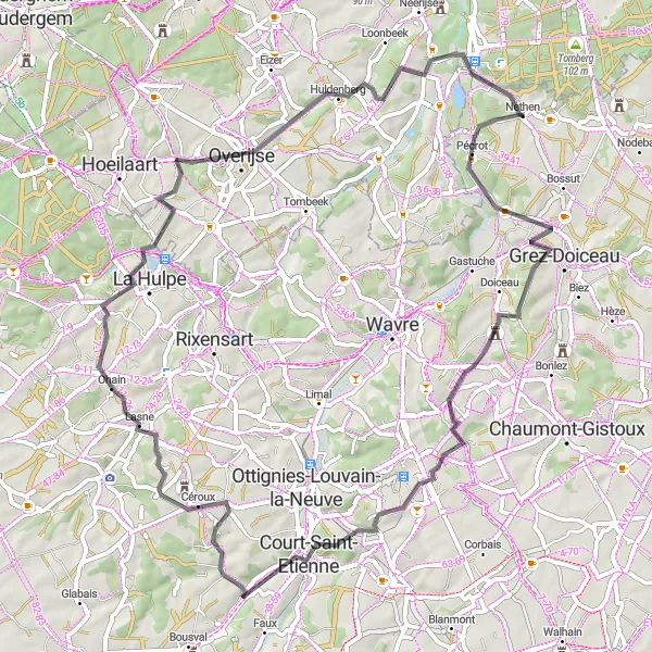 Map miniature of "Archennes to Sint-Joris-Weert scenic ride" cycling inspiration in Prov. Brabant Wallon, Belgium. Generated by Tarmacs.app cycling route planner