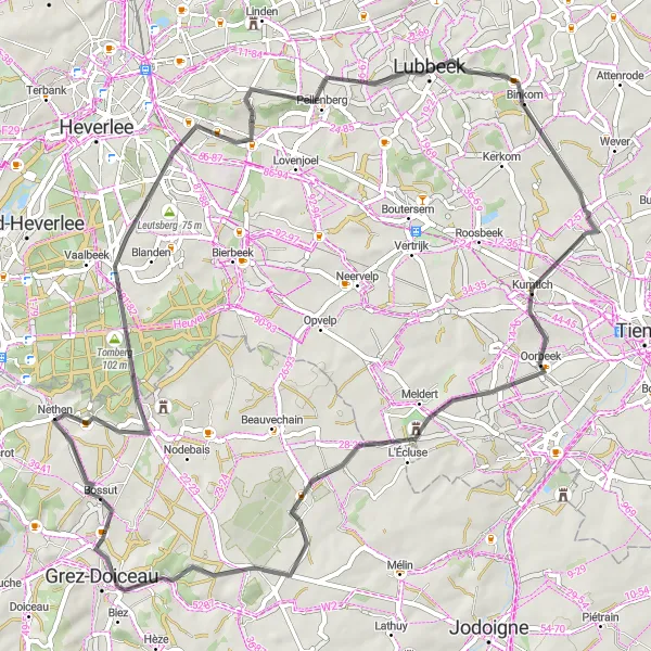 Miniature de la carte de l'inspiration cycliste "Les Villages et Points de Vue" dans la Prov. Brabant Wallon, Belgium. Générée par le planificateur d'itinéraire cycliste Tarmacs.app