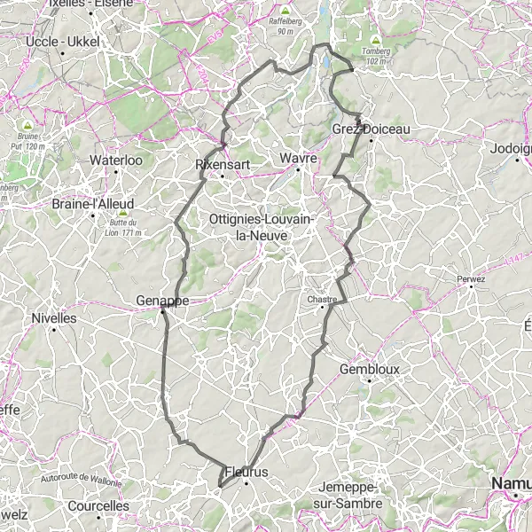 Karten-Miniaturansicht der Radinspiration "Große Straßentour von Wavre nach Savenel" in Prov. Brabant Wallon, Belgium. Erstellt vom Tarmacs.app-Routenplaner für Radtouren