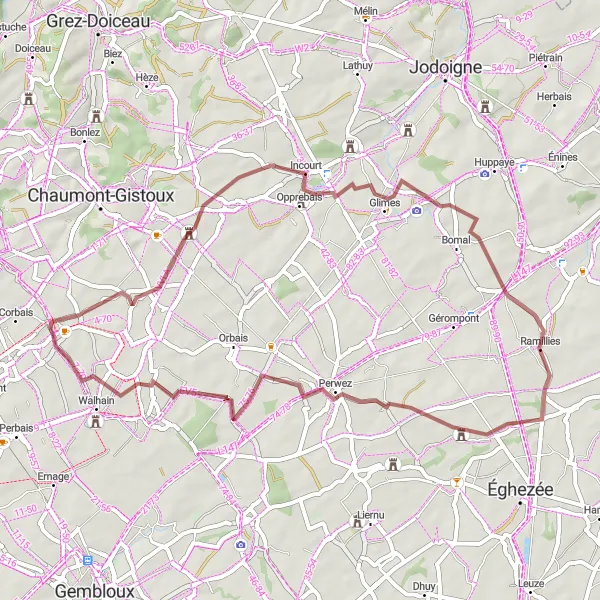 Miniatuurkaart van de fietsinspiratie "Gravelroute van Nil-Saint-Vincent-Saint-Martin naar Walhain" in Prov. Brabant Wallon, Belgium. Gemaakt door de Tarmacs.app fietsrouteplanner