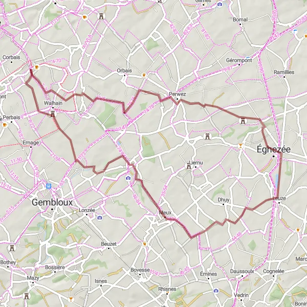 Miniatuurkaart van de fietsinspiratie "Gravelroute van Nil-Saint-Vincent-Saint-Martin naar Perwez" in Prov. Brabant Wallon, Belgium. Gemaakt door de Tarmacs.app fietsrouteplanner