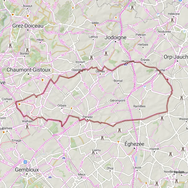 Map miniature of "Nil-Saint-Vincent-Saint-Martin - Château de Jauche" cycling inspiration in Prov. Brabant Wallon, Belgium. Generated by Tarmacs.app cycling route planner