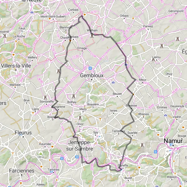 Miniatuurkaart van de fietsinspiratie "Wegroute naar Cortil-Noirmont" in Prov. Brabant Wallon, Belgium. Gemaakt door de Tarmacs.app fietsrouteplanner