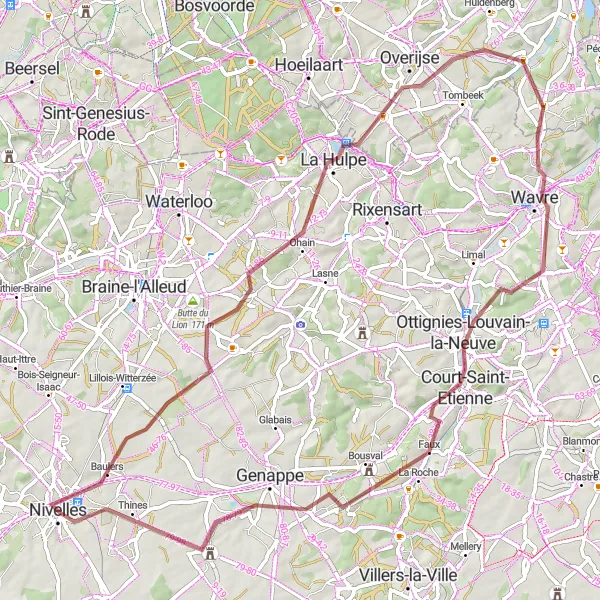 Map miniature of "Discovering Brabant Wallon" cycling inspiration in Prov. Brabant Wallon, Belgium. Generated by Tarmacs.app cycling route planner
