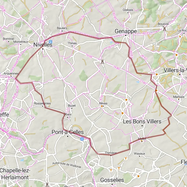 Map miniature of "Tranquil Escape: Gravel Ride near Nivelles" cycling inspiration in Prov. Brabant Wallon, Belgium. Generated by Tarmacs.app cycling route planner