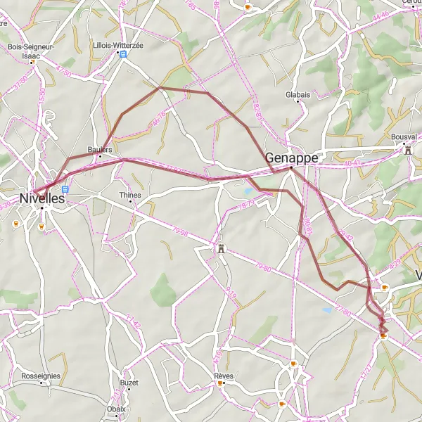 Map miniature of "Nivelles-Loupoigne-Genappe-Baulers" cycling inspiration in Prov. Brabant Wallon, Belgium. Generated by Tarmacs.app cycling route planner