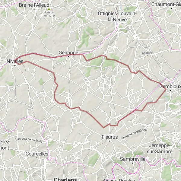 Map miniature of "Around Nivelles: Gravel Adventure" cycling inspiration in Prov. Brabant Wallon, Belgium. Generated by Tarmacs.app cycling route planner