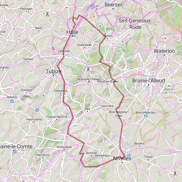 Map miniature of "Scenic Gravel Tour: Nivelles to SPLUC" cycling inspiration in Prov. Brabant Wallon, Belgium. Generated by Tarmacs.app cycling route planner