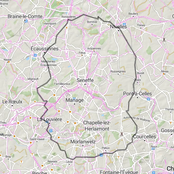 Miniatuurkaart van de fietsinspiratie "Cultuurroute van Nivelles naar Écaussinnes" in Prov. Brabant Wallon, Belgium. Gemaakt door de Tarmacs.app fietsrouteplanner