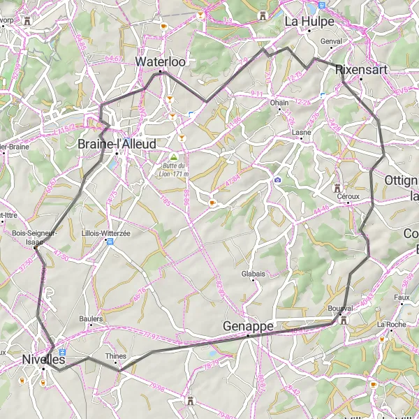 Map miniature of "Nivelles-Braine-l'Alleud-Waterloo-Rixensart-Bousval" cycling inspiration in Prov. Brabant Wallon, Belgium. Generated by Tarmacs.app cycling route planner