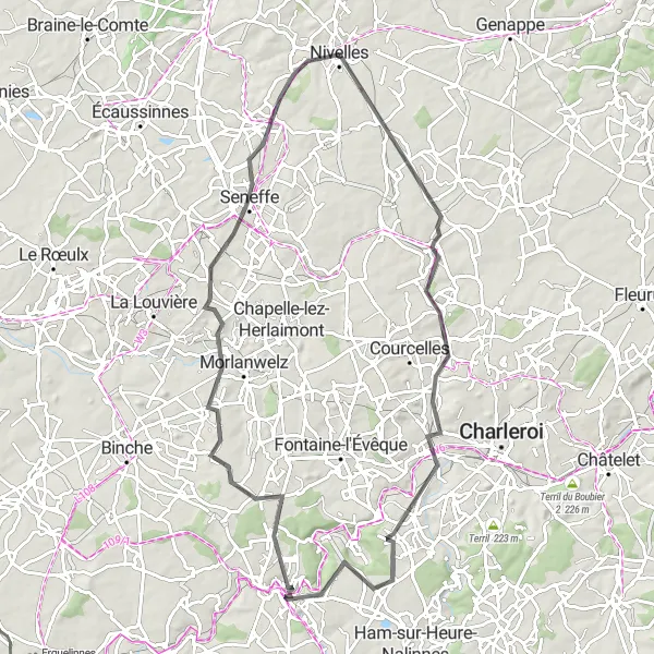 Map miniature of "Nivelles-Luttre-Montigny-le-Tilleul-Le Spantôle-Thuin-Arquennes" cycling inspiration in Prov. Brabant Wallon, Belgium. Generated by Tarmacs.app cycling route planner