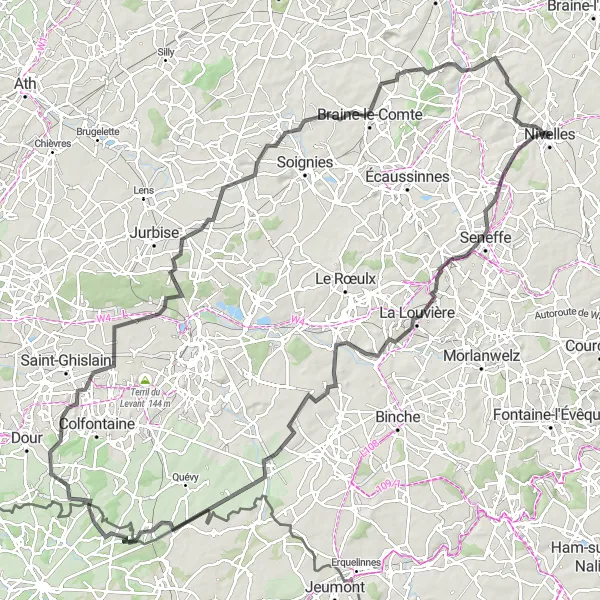 Map miniature of "Nivelles-Seneffe-La Louvière-Havay-Quaregnon-Ittre" cycling inspiration in Prov. Brabant Wallon, Belgium. Generated by Tarmacs.app cycling route planner