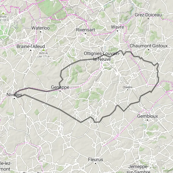 Miniature de la carte de l'inspiration cycliste "Tour des collines de Brabant" dans la Prov. Brabant Wallon, Belgium. Générée par le planificateur d'itinéraire cycliste Tarmacs.app