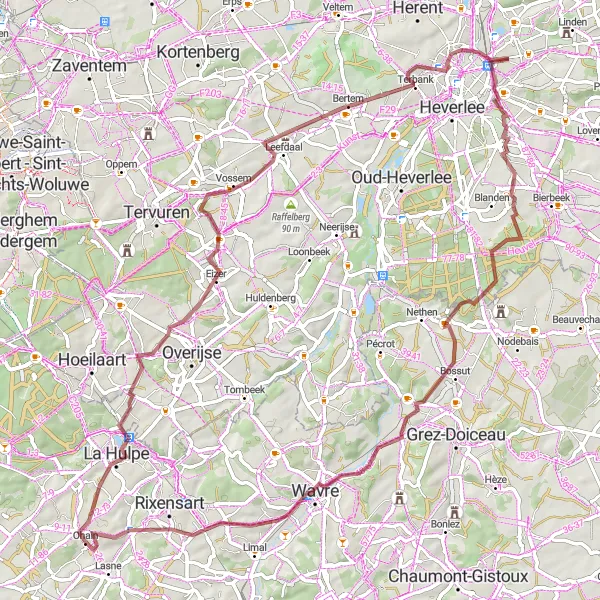 Karten-Miniaturansicht der Radinspiration "Gravel-Abenteuer durch malerische Landschaften" in Prov. Brabant Wallon, Belgium. Erstellt vom Tarmacs.app-Routenplaner für Radtouren